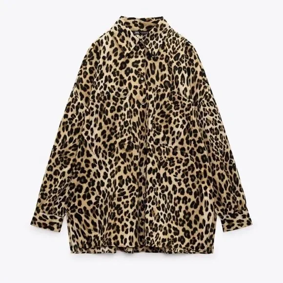 Zara Animal Printed Leopard Oversized Blouse Button Down Shirt Collar - Picture 1 of 7